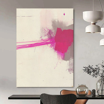 Contemporary hand-painted abstract art features minimalistic brushstrokes with pink and gray ink on textured white paper, highlighted by a thin magenta line. DLZ1519