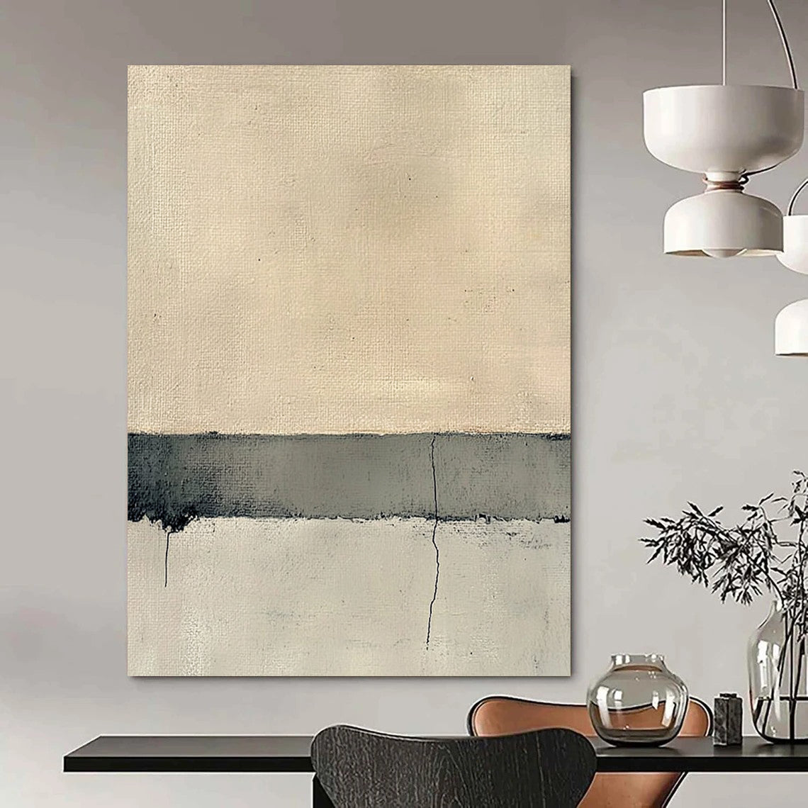 Contemporary hand-painted abstract art featuring the serene intersection of concrete and sand in neutral tones and subtle textural variations. DLZ1357