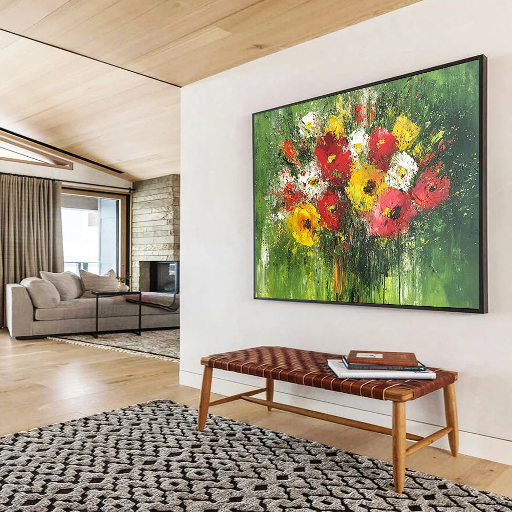 Impasto Flower Bouquet on Green - Vibrant Still - Life Oil Painting On Canvas HB0476