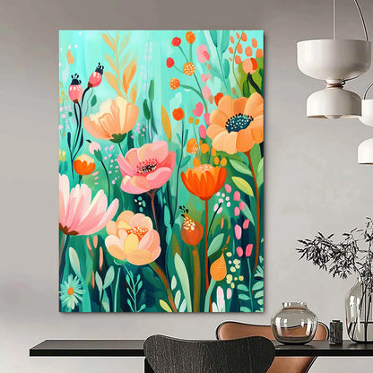 Bold contemporary abstract artwork featuring a whimsical floral garden in vibrant aquamarine and orange hues, ideal for brightening any space. DLZ1573
