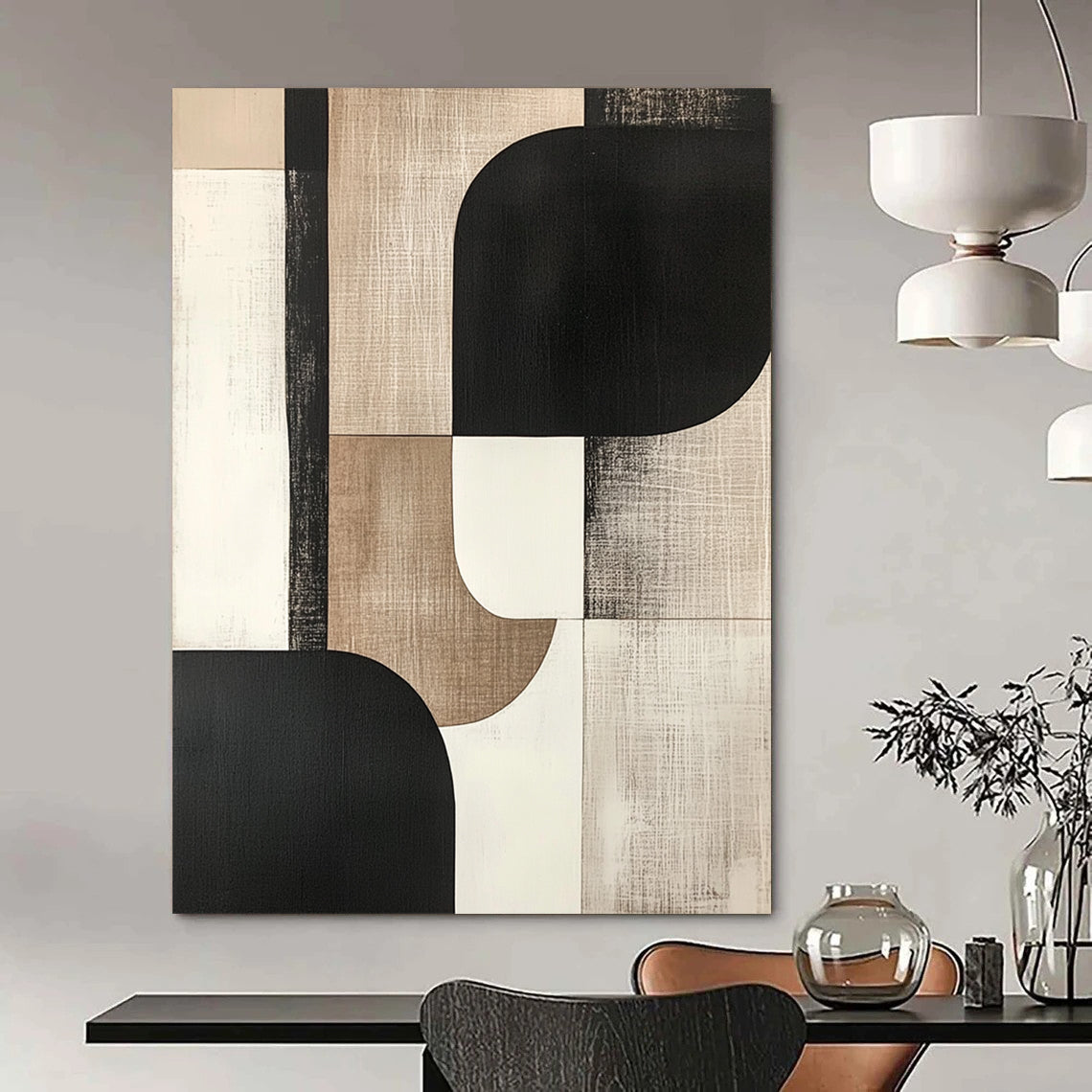 Contemporary hand-painted abstract art featuring bold shapes in black, white, beige, gray, and cream tones for a sophisticated aesthetic. DLZ0795