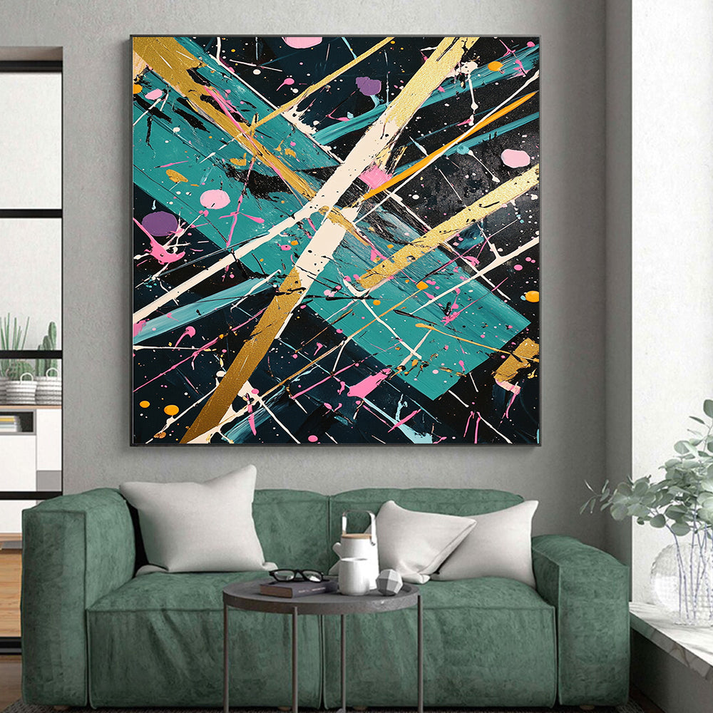 Dark Green, Gold, Pink, White, Geometric Splashes "Eclectic Fusion" Abstract Painting On Canvas HB030