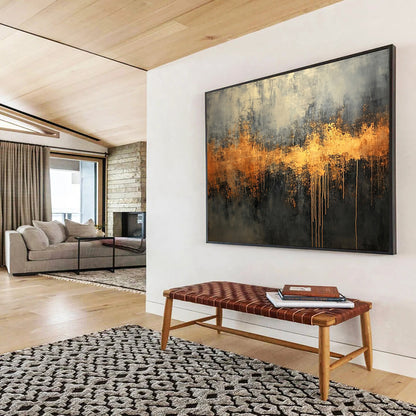 “Gothic Gold Drip” - Gray, black, gold; Dramatic gold drips on dark; Oil Painting On Canvas HB1211