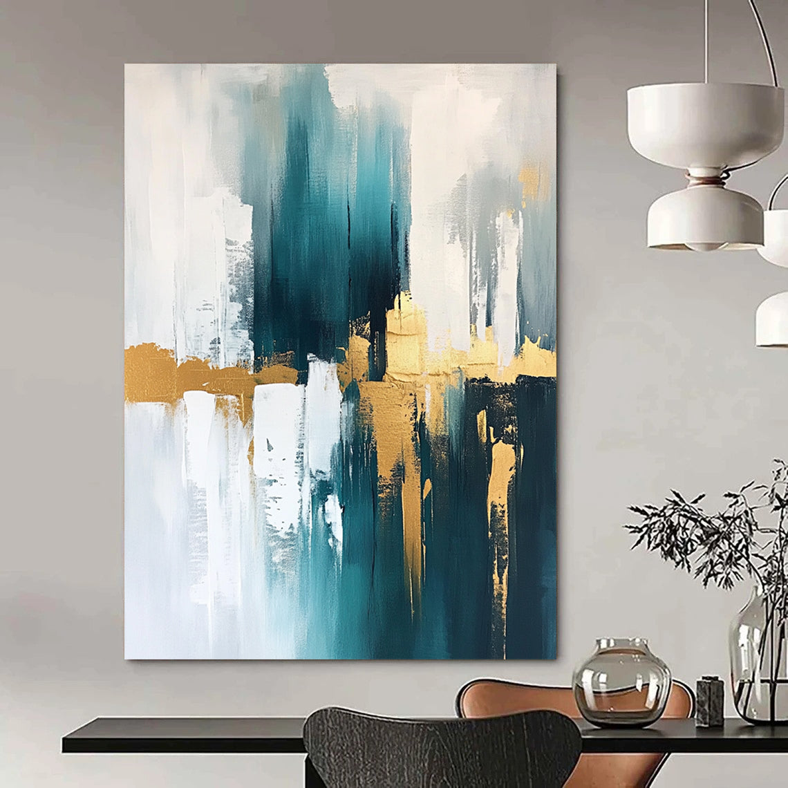 Contemporary abstract artwork featuring gold, teal, and white hues, creating a striking visual impact for modern spaces. DLZ0745