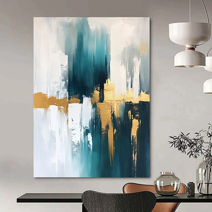Contemporary abstract artwork featuring gold, teal, and white hues, creating a striking visual impact for modern spaces. DLZ0745