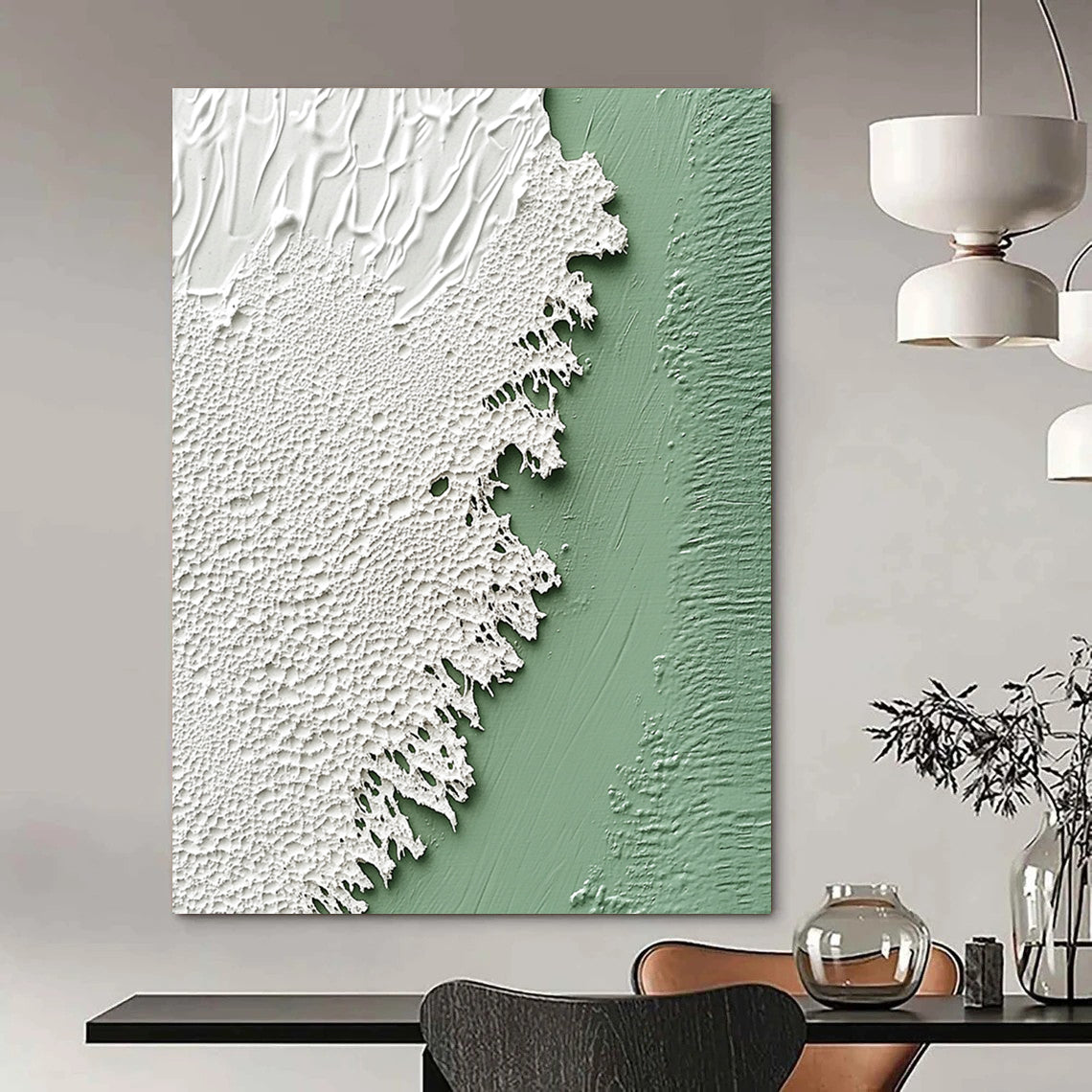Contemporary abstract artwork featuring a soft sage green wall and delicate white textured paint resembling intricate lace, emphasizing rich color and texture. DLZ1214