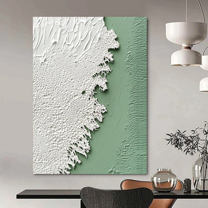 Contemporary abstract artwork featuring a soft sage green wall and delicate white textured paint resembling intricate lace, emphasizing rich color and texture. DLZ1214