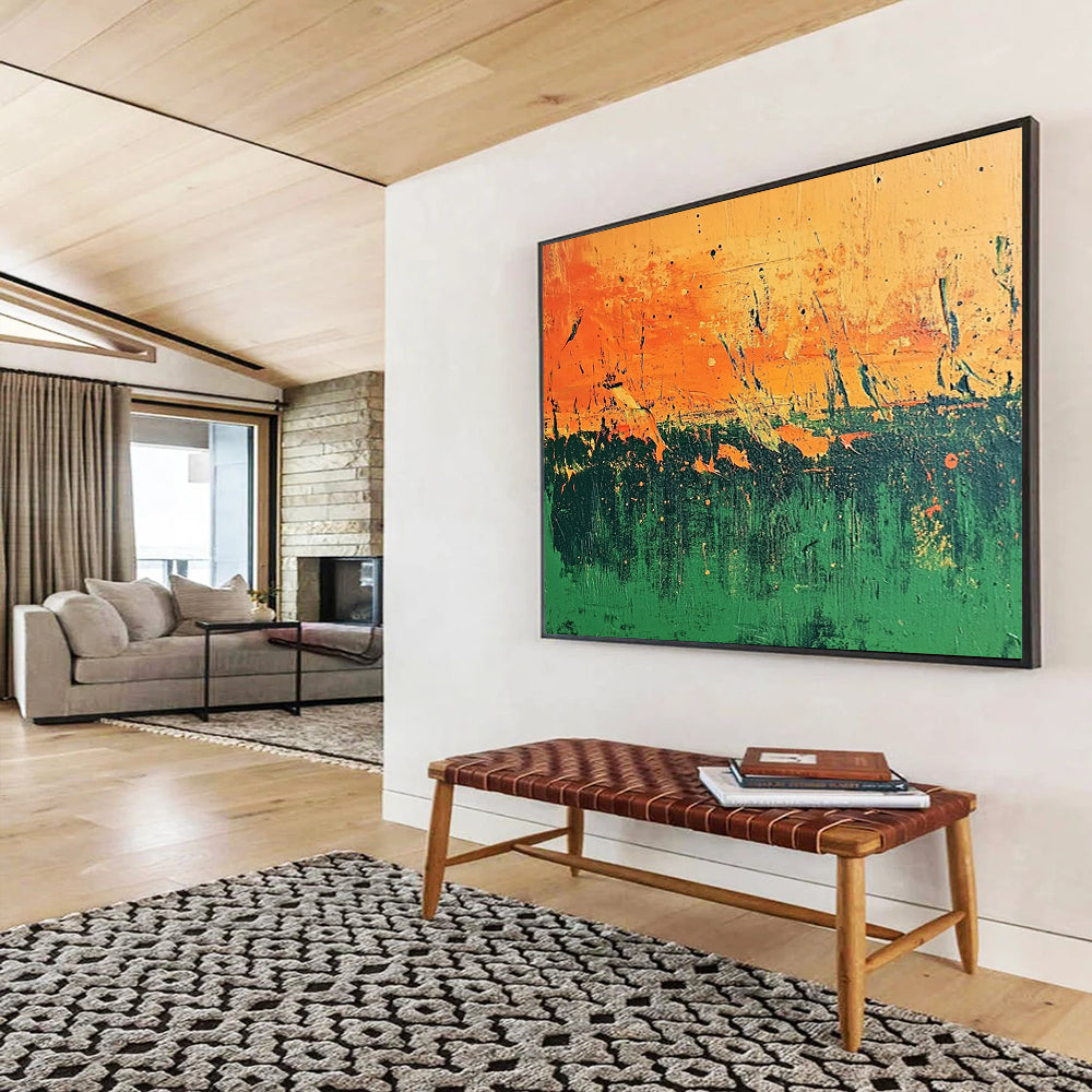 “Orange - Green Abstract Field” - Orange, Green, Abstract Field, Textured Layers HB1125