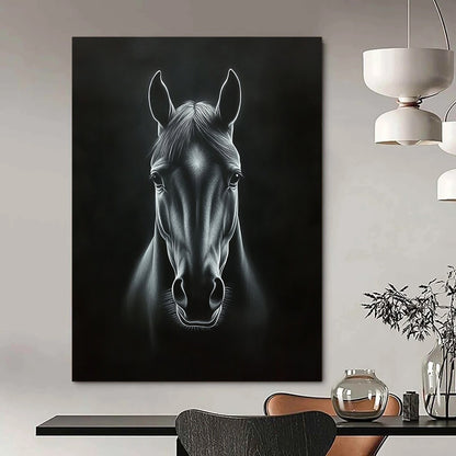 Contemporary handcrafted painting featuring a horse's head in black and white with dramatic chiaroscuro effects and deep shadows on a dark background. DLZ1443