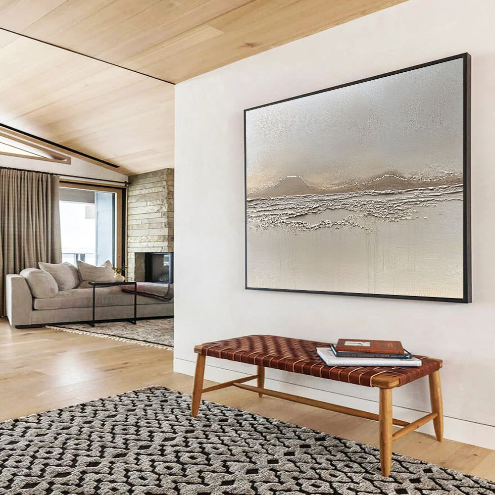“Textured Beige Landscape Relief” - Beige, Textured Mountain & Sea Painting On Canvas HB0790