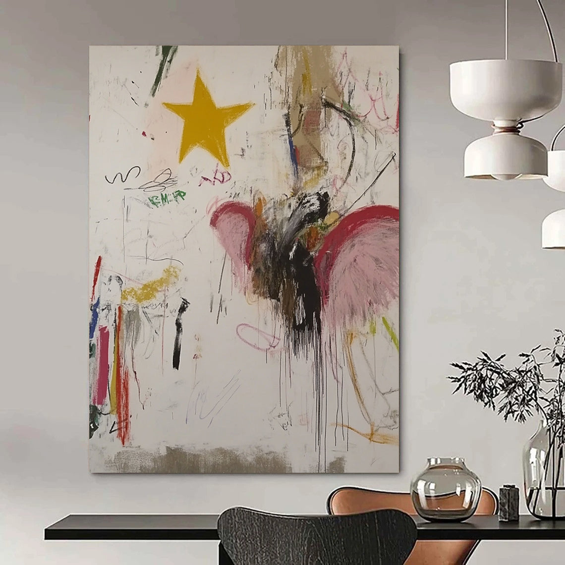 Large contemporary hand-painted abstract artwork featuring an angel with vibrant colors whimsical designs and a yellow star on a white background. DLZ0858