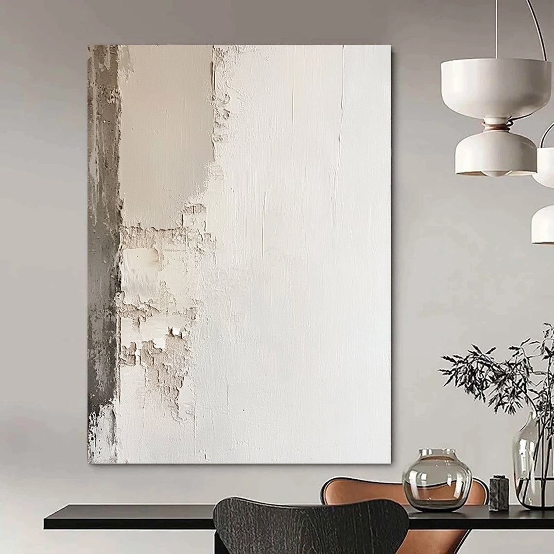 Contemporary abstract painting featuring a white plaster wall with chipped edges in neutral tones for a minimalistic and simple aesthetic. DLZ0608