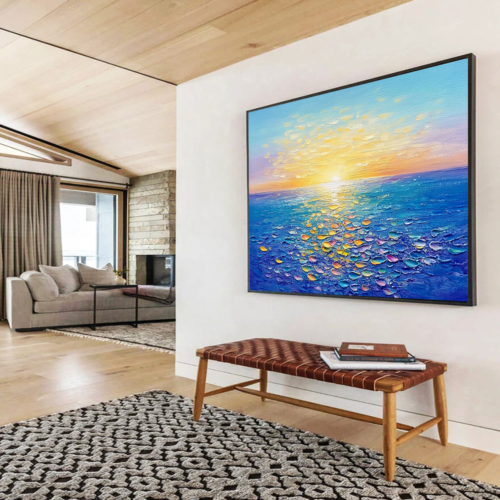 Sunlit Sea with Colorful Textured Reflections - Impasto Seaside Painting On Canvas HB0438