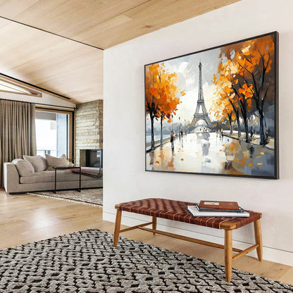 Gray, Orange, Blue and White Eiffel Tower Scene "Parisian Autumn" Painting On Canvas HB0665