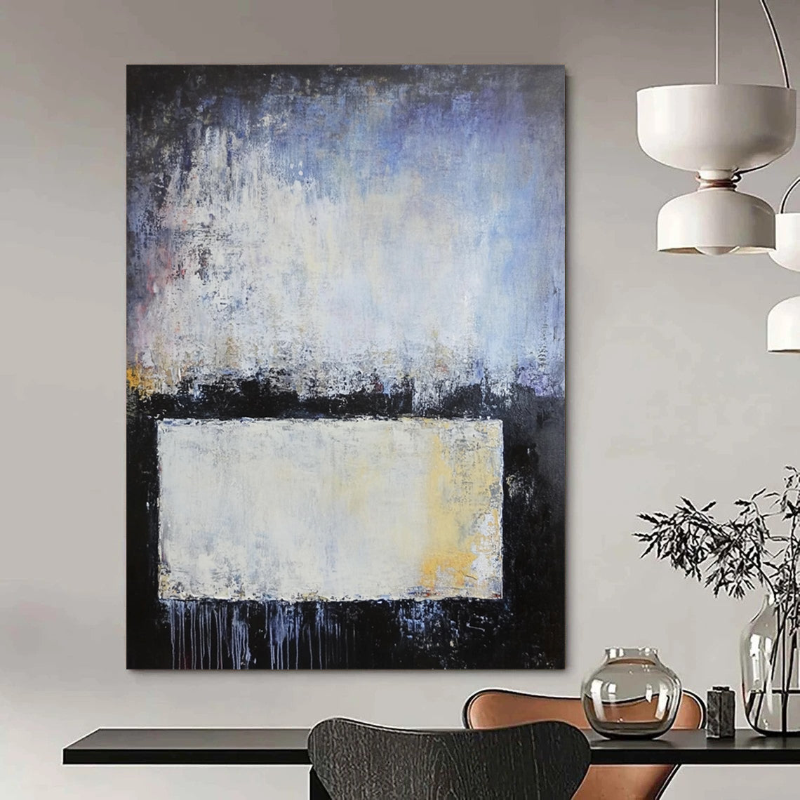 Contemporary hand-painted abstract artwork with blue gray and white layers soft edges textured metal elements evokes calmness and contemplation. DLZ0752