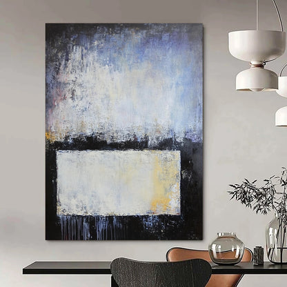 Contemporary hand-painted abstract artwork with blue gray and white layers soft edges textured metal elements evokes calmness and contemplation. DLZ0752