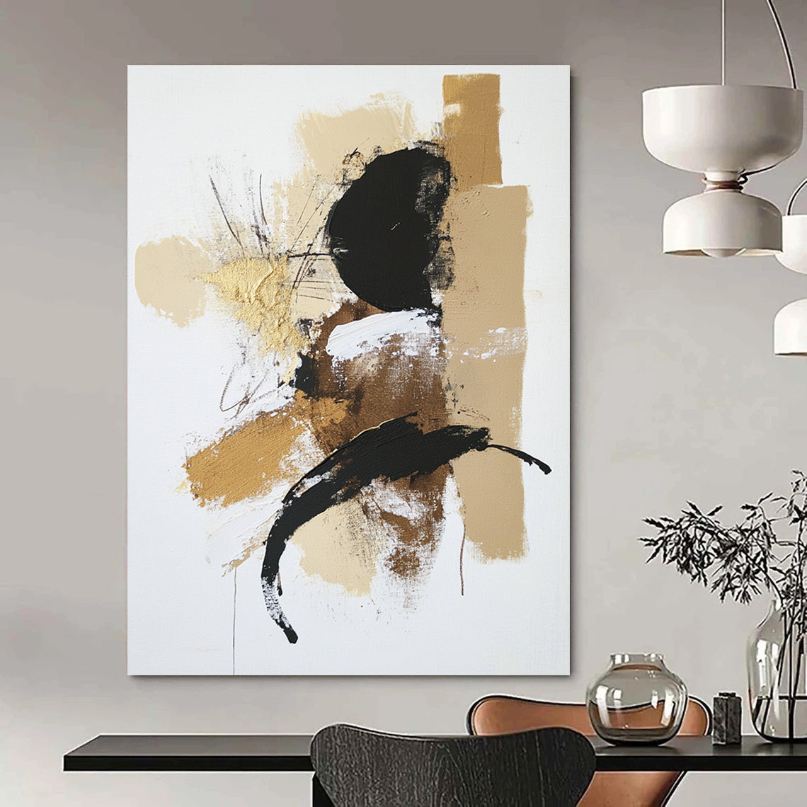 Contemporary abstract painting features a white background with a beige and black palette accented in gold utilizing dry brush technique and textured strokes. DLZ0432