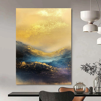 Contemporary abstract painting featuring waves of golden and blue hues, atmospheric textures, ideal for modern decor. DLZ0421