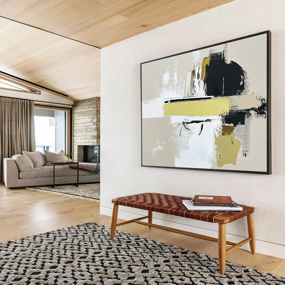 “Abstract Yellow Accent” - Beige, White, Black, Yellow, Dynamic Abstract Shapes Painting On Canvas HB0961