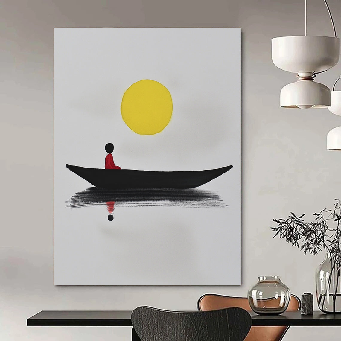 Contemporary abstract art featuring a minimalist black boat on white paper with a yellow sun and a red figure reflecting in calm waters. DLZ1564
