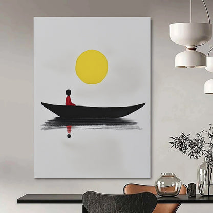 Contemporary abstract art featuring a minimalist black boat on white paper with a yellow sun and a red figure reflecting in calm waters. DLZ1564