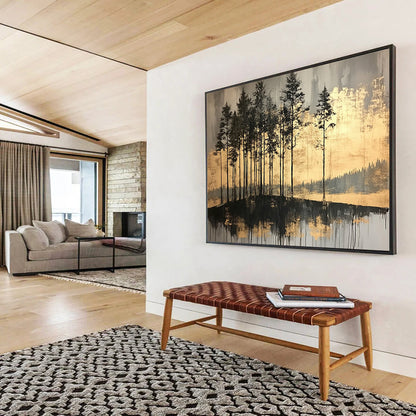 “Gilded Forest Reflections” - Dark grays, blacks, shimmering golds; Silhouetted trees, reflective water; Minimalist Landscape Painting On Canvas HB1158