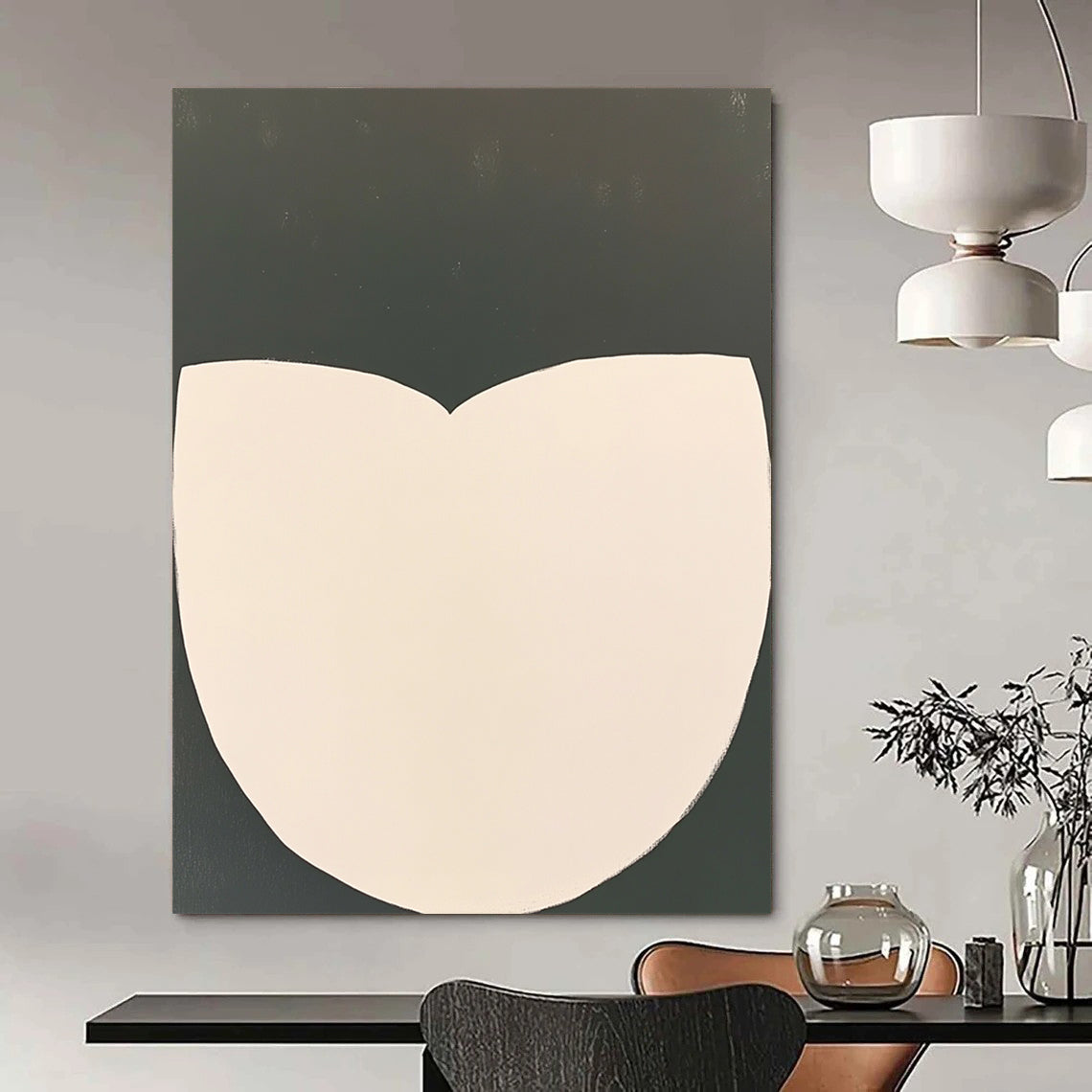 Contemporary abstract artwork featuring white half-circles on a dark gray background emphasizing simplicity and minimalism with clean lines. DLZ1428