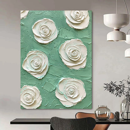 Contemporary abstract art featuring mint green and white rose embossing on a textured impasto background creates a captivating visual experience. DLZ1644