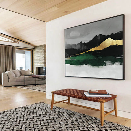 “Gold - Mountain Landscape with Green” - Gold, Green, Black, Gray, Mountain Shapes Painting On Canvas HB0808