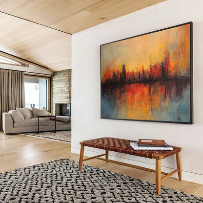 “Sunset City Reflection” - Orange, Red, Blue, Abstract City Sunset Reflection HB1135