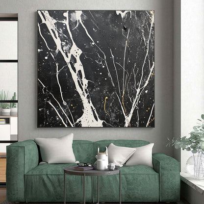 Black, White, Gray, Gold, Intricate Veins "Marbled Night" Abstract Modernist Painting On Canvas HB065