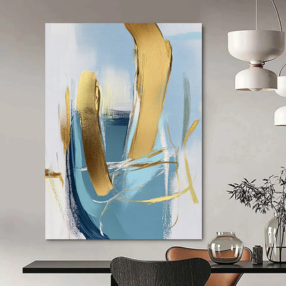 Contemporary hand-painted abstract art featuring a close-up of an armchair with gold foil accents on a light blue and white background. DLZ0573