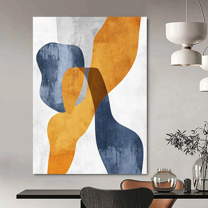 Contemporary hand-painted abstract art featuring organic shapes in mustard yellow and bluish-grey with touches of burnt orange on textured paper. DLZ0501