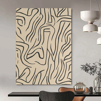 Contemporary abstract artwork featuring beige lines and shapes on a grey background, inspired by Matisse in elegant black ink. DLZ1072