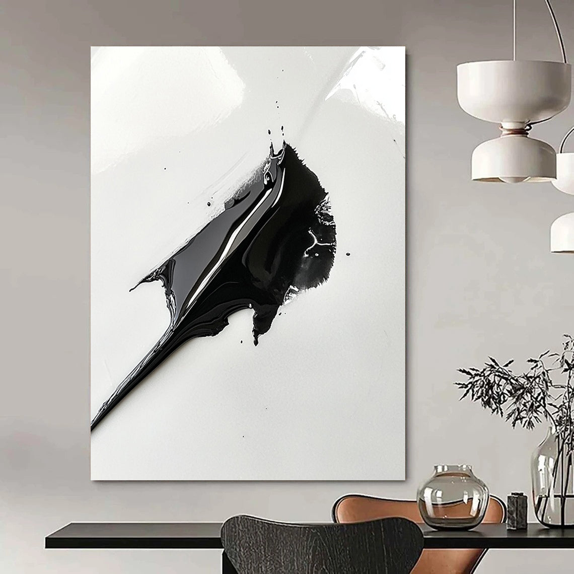 Contemporary abstract art featuring a black paint spread resembling a shark's fin on a white background capturing intricate details with a macro lens effect. DLZ1556