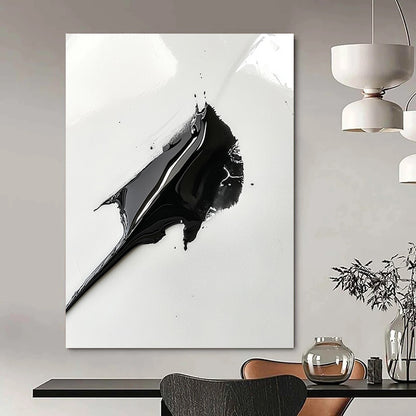 Contemporary abstract art featuring a black paint spread resembling a shark's fin on a white background capturing intricate details with a macro lens effect. DLZ1556