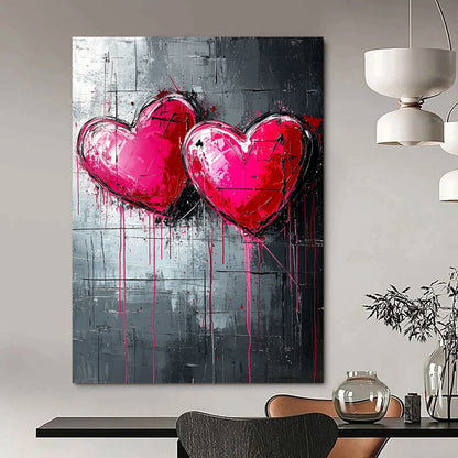 Bold contemporary abstract art featuring three pink and red hearts on a textured dark grey backdrop with dripping paint lines inspired by graffiti style. DLZ0263