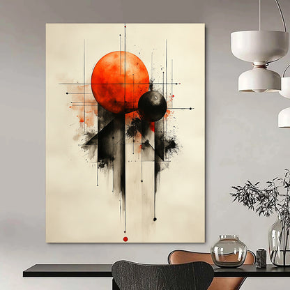 Contemporary abstract painting featuring geometric shapes with an orange sphere and black spheres on a textured white background. DLZ0857