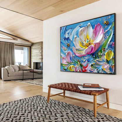 3D Textured Flower with Bees on Blue - Impasto Floral Painting On Canvas HB0447