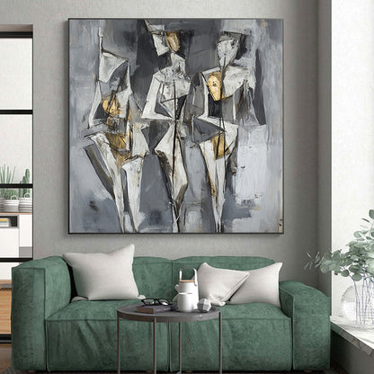 Gray, White, Black and Gold Cubist Figures "Ethereal Forms" Painting On Canvas HB375