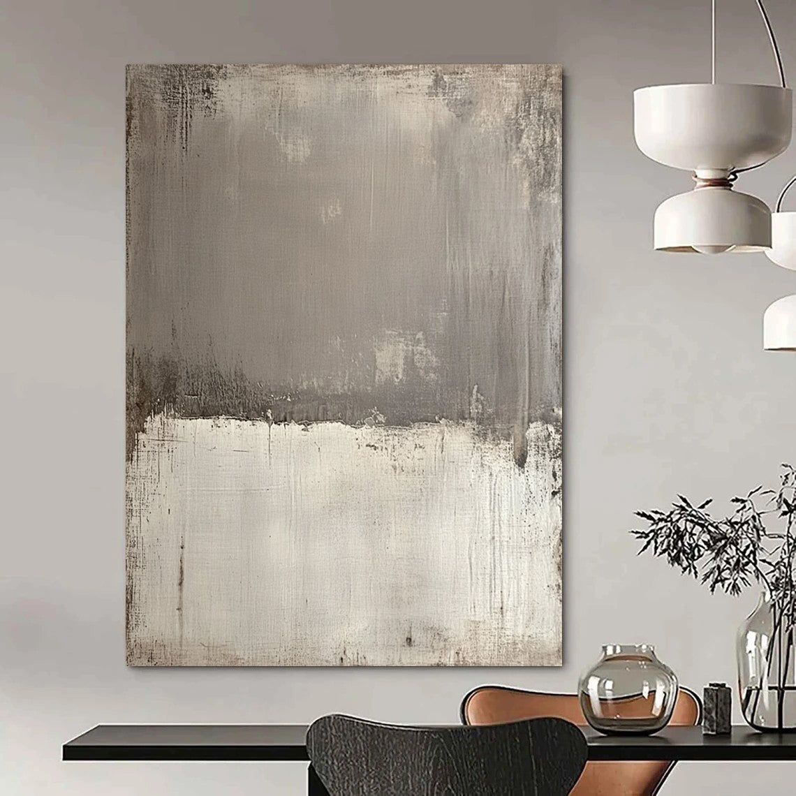 Contemporary hand-painted abstract canvas featuring textured gray tones with sepia edges and a bold white section for striking contrast and depth. DLZ1172