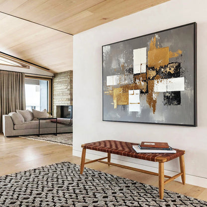 “Gilded Geometric Abstract” - Gray, White, Black, Gold - Textured Geometric Abstract with Gold - Acrylic Painting HB1323