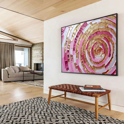 “Pink and Gold Spiral” - Shades of Pink, Gold, White, Layered Spiral Pattern - Mixed - Media Collage HB1727