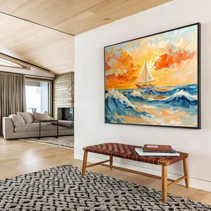 Sailboat on a Colorful Sea at Sunset - Expressive Impasto Seaside Painting On Canvas HB0445