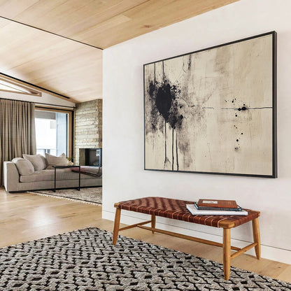 “Ink - Splatter Abstract” - Black, Beige with Spattered Ink - Painting On Canvas HB1387