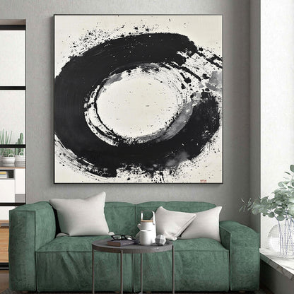Black and White Splattered Circle "Cosmic Enso" Painting On Canvas HB280