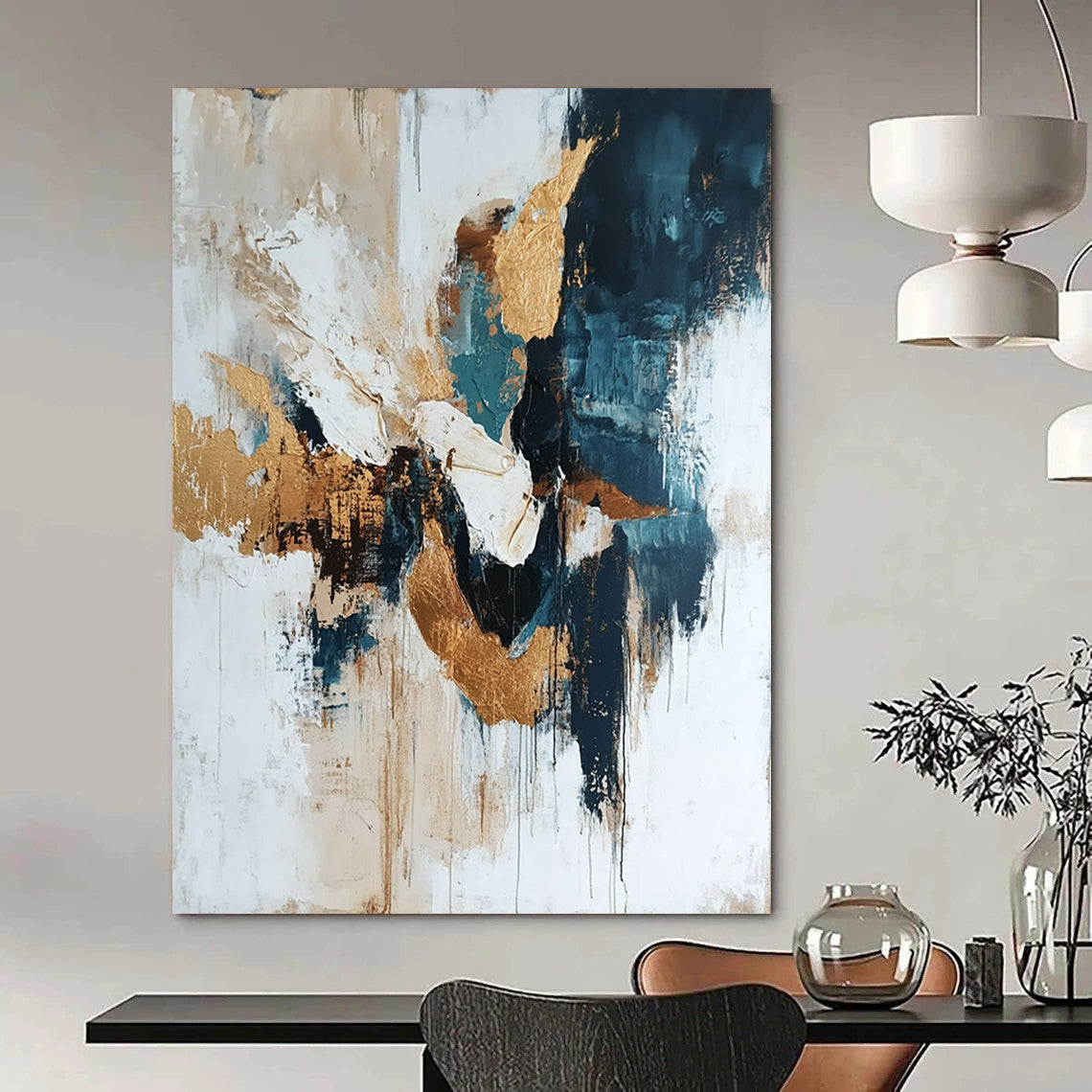 Contemporary abstract artwork featuring gold leafing and glitter on a white background with organic shapes and diverse tones of blue and gray. DLZ0543