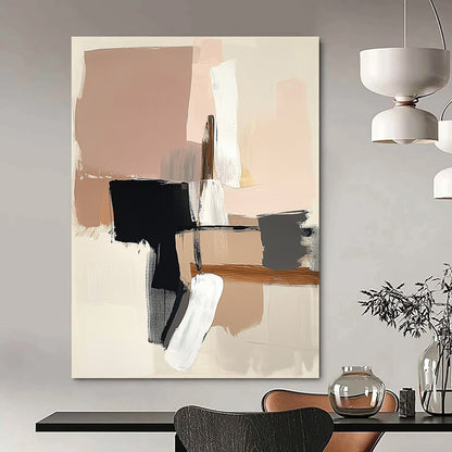 Contemporary abstract art featuring neutral tones soft pink and beige with white brush strokes and bold black lines on a beige background. DLZ1048