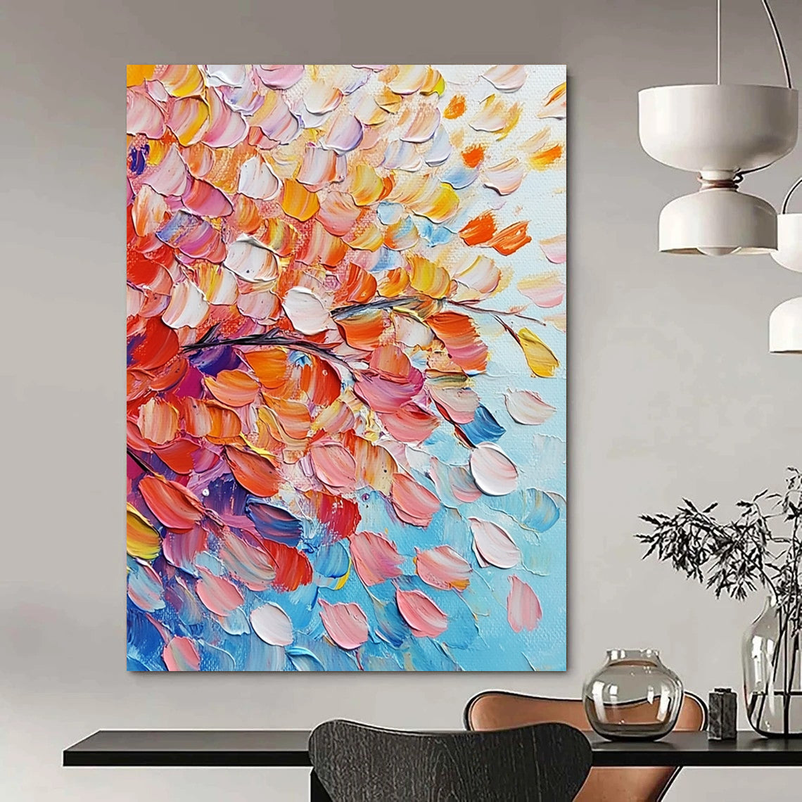 Contemporary abstract painting featuring vibrant pink and orange flowers with colorful leaves on a soft sky-blue background, rich in texture and movement. DLZ0620