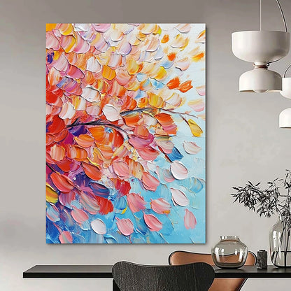 Contemporary abstract painting featuring vibrant pink and orange flowers with colorful leaves on a soft sky-blue background, rich in texture and movement. DLZ0620